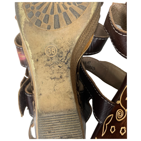 L'Artiste Spring Step Althea Leather Floral Wedge Heel Sandals Sz 38 US 7.5/8 - Picture 12 of 13